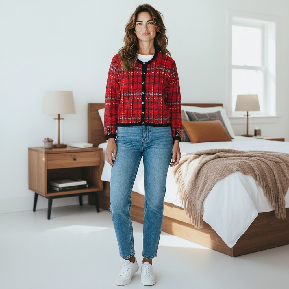Worthington Vintage Plaid Knit Cardigan Sweater Preppy Retro Academia Holiday